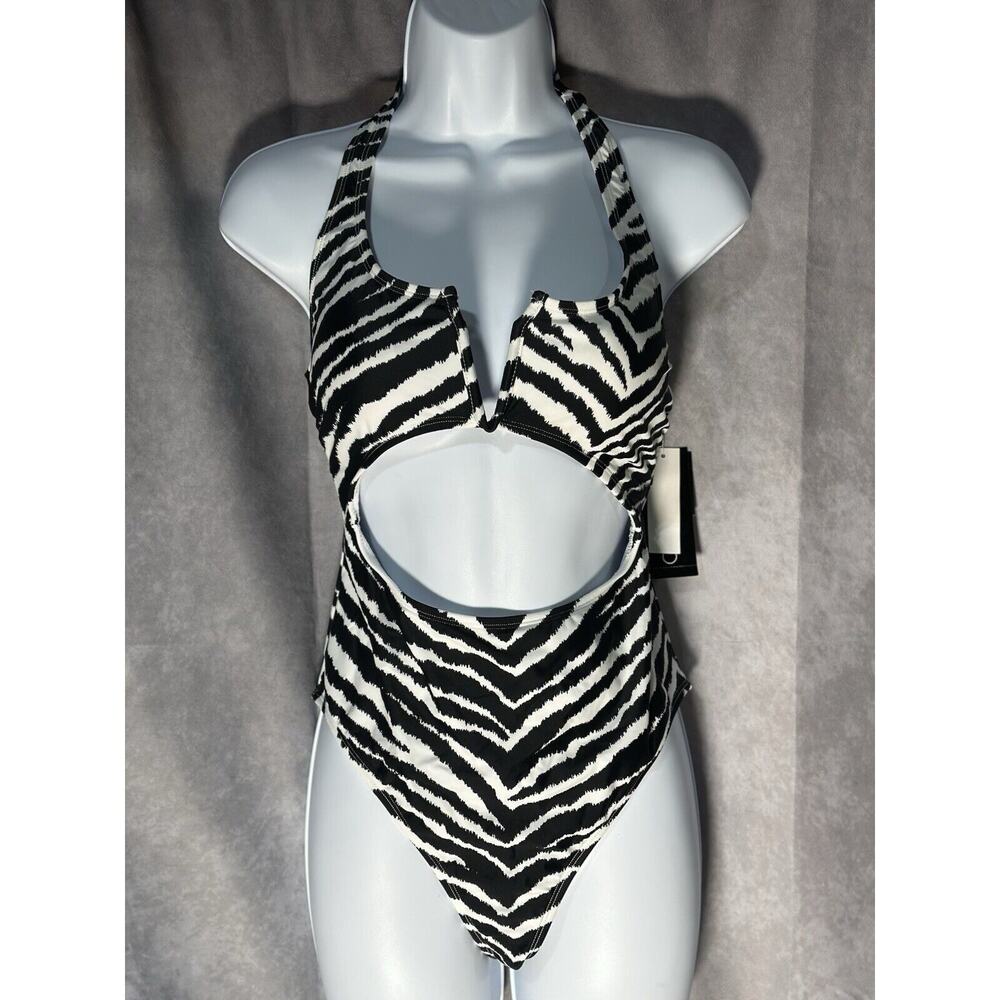 California Waves Juniors Zebra-Print Cutout One-Piece Swimsuit Size L
